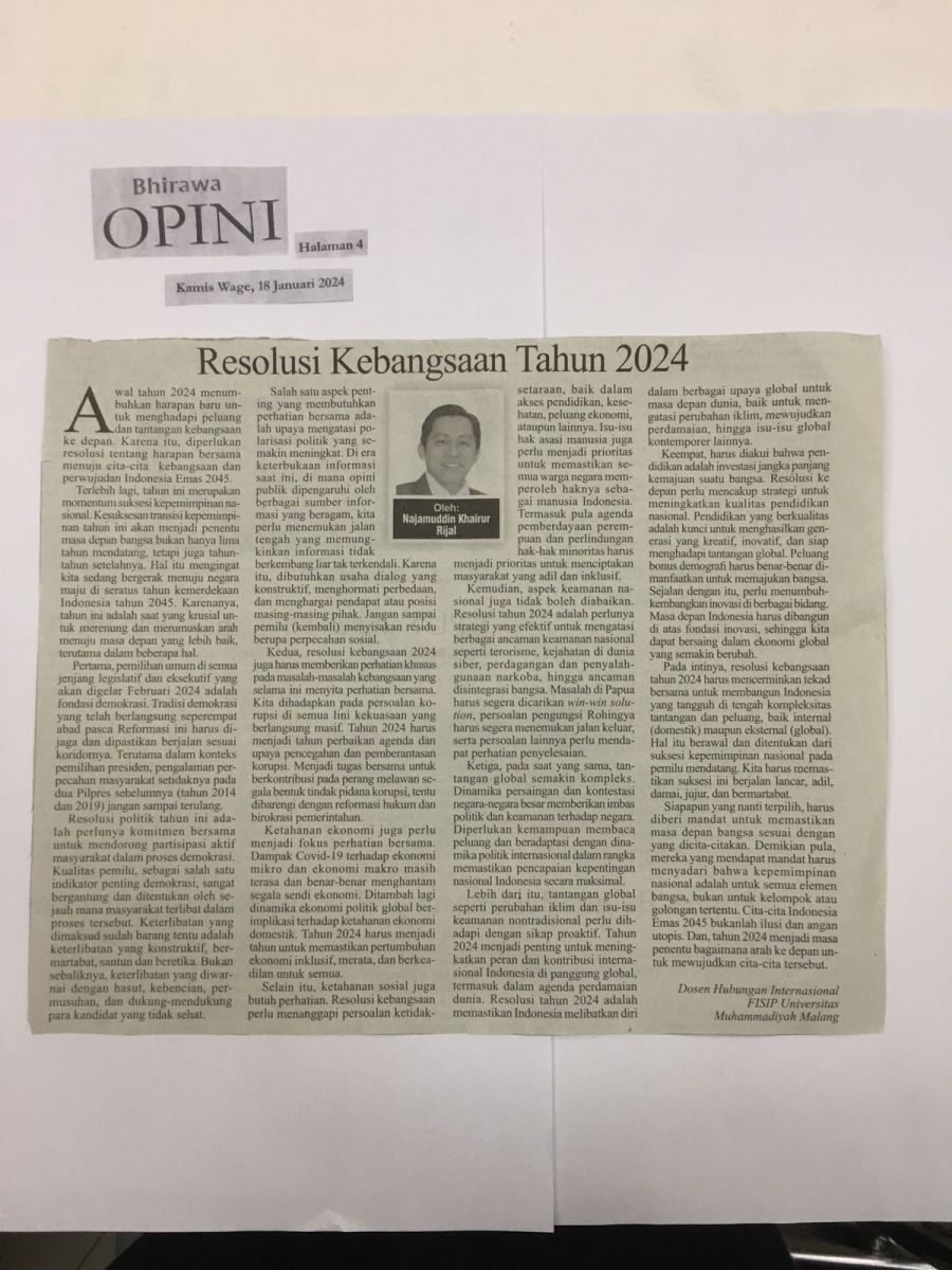 Resolusi Kebangsaan Tahun 2024 - Bhirawa - UMM Dalam Berita Koran ...